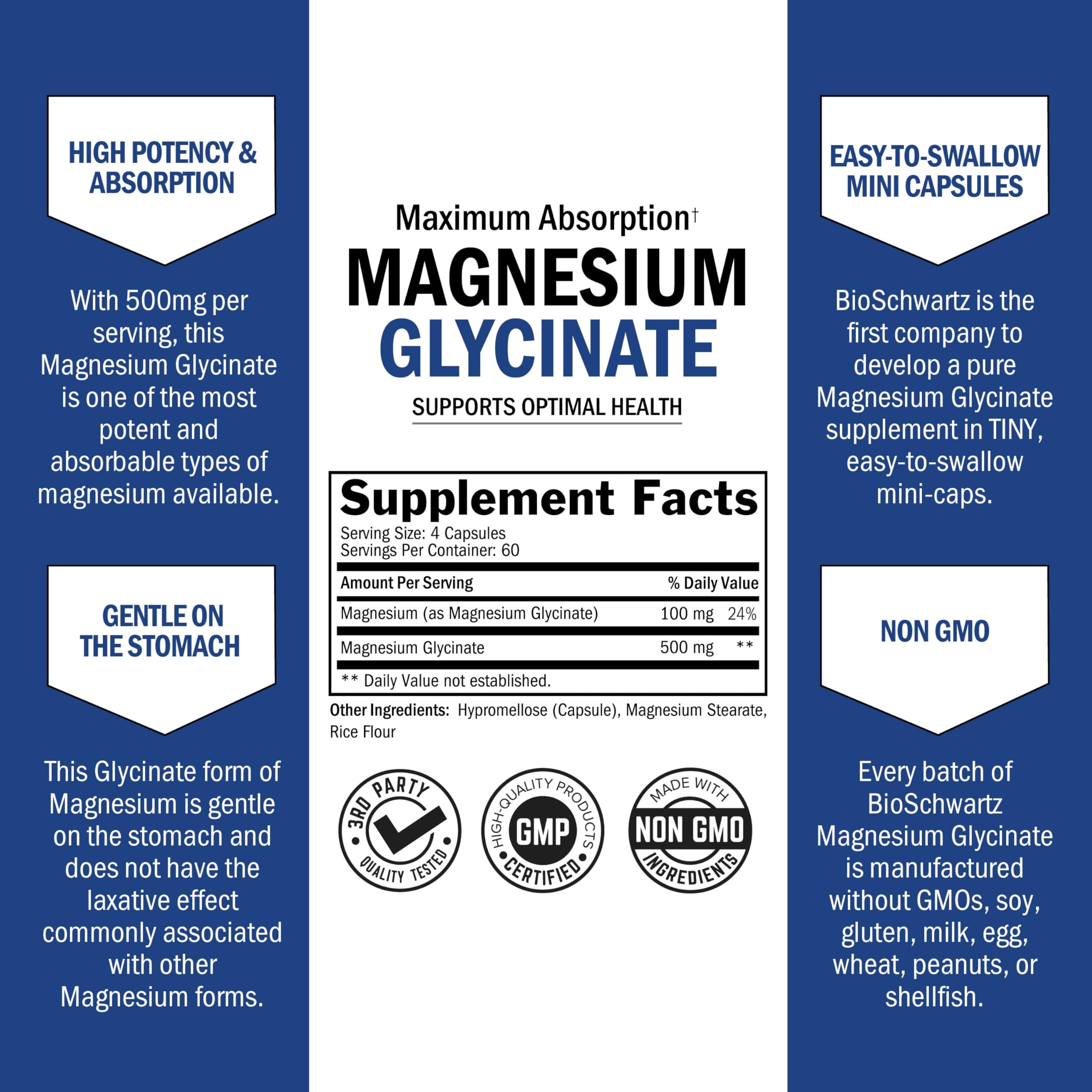Supplement facts panel showing 500mg magnesium glycinate per capsule
