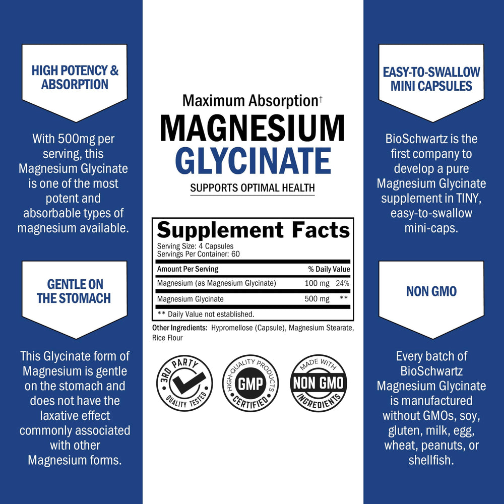 Supplement facts panel showing 500mg magnesium glycinate per capsule