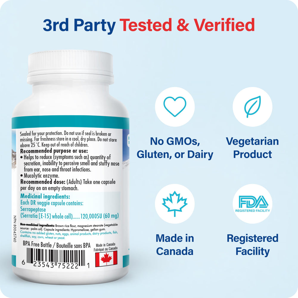 Ingredients: gluten-free, non-GMO Serrapeptase formula