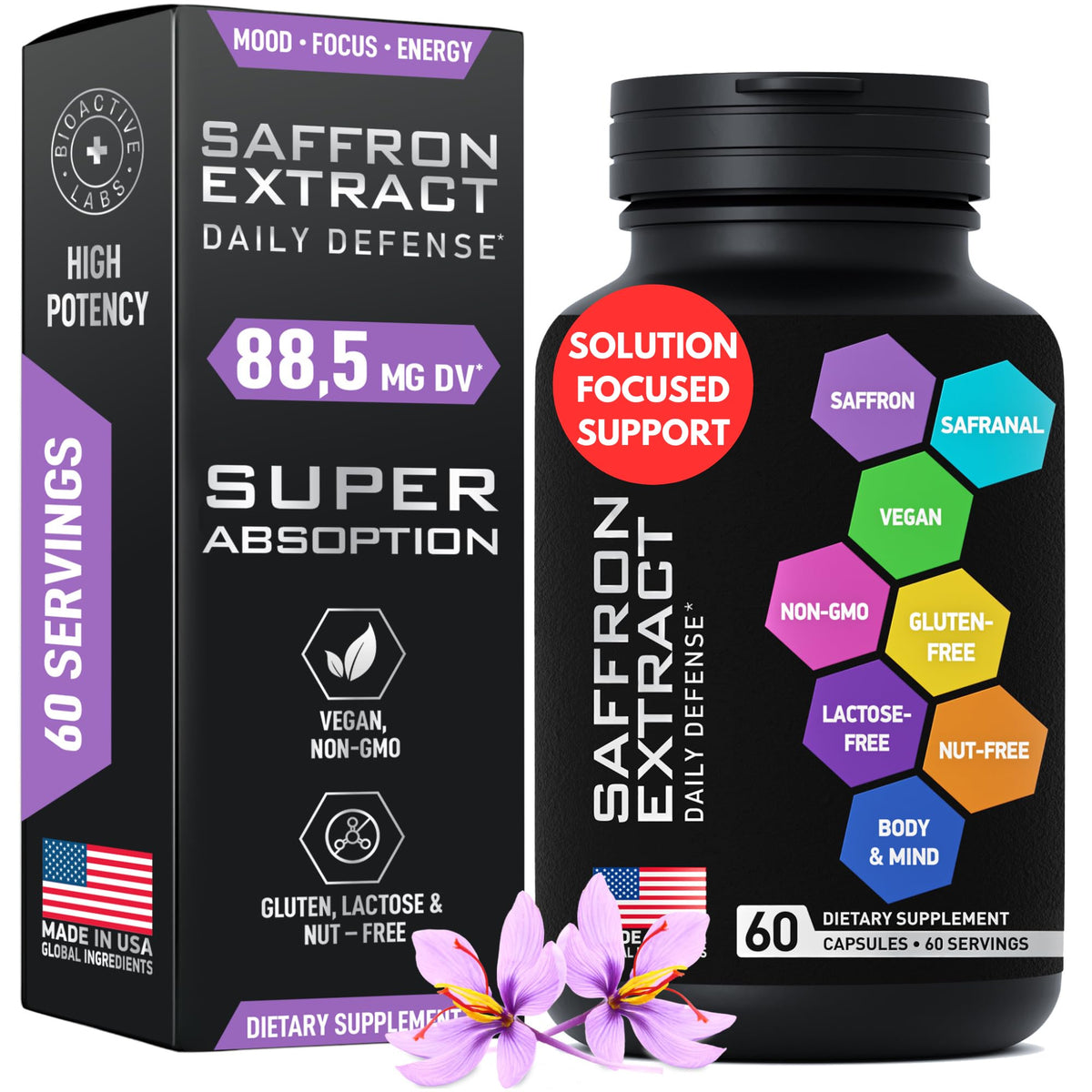 BIOACTIVE LABS saffron supplement bottle label with 60 capsules