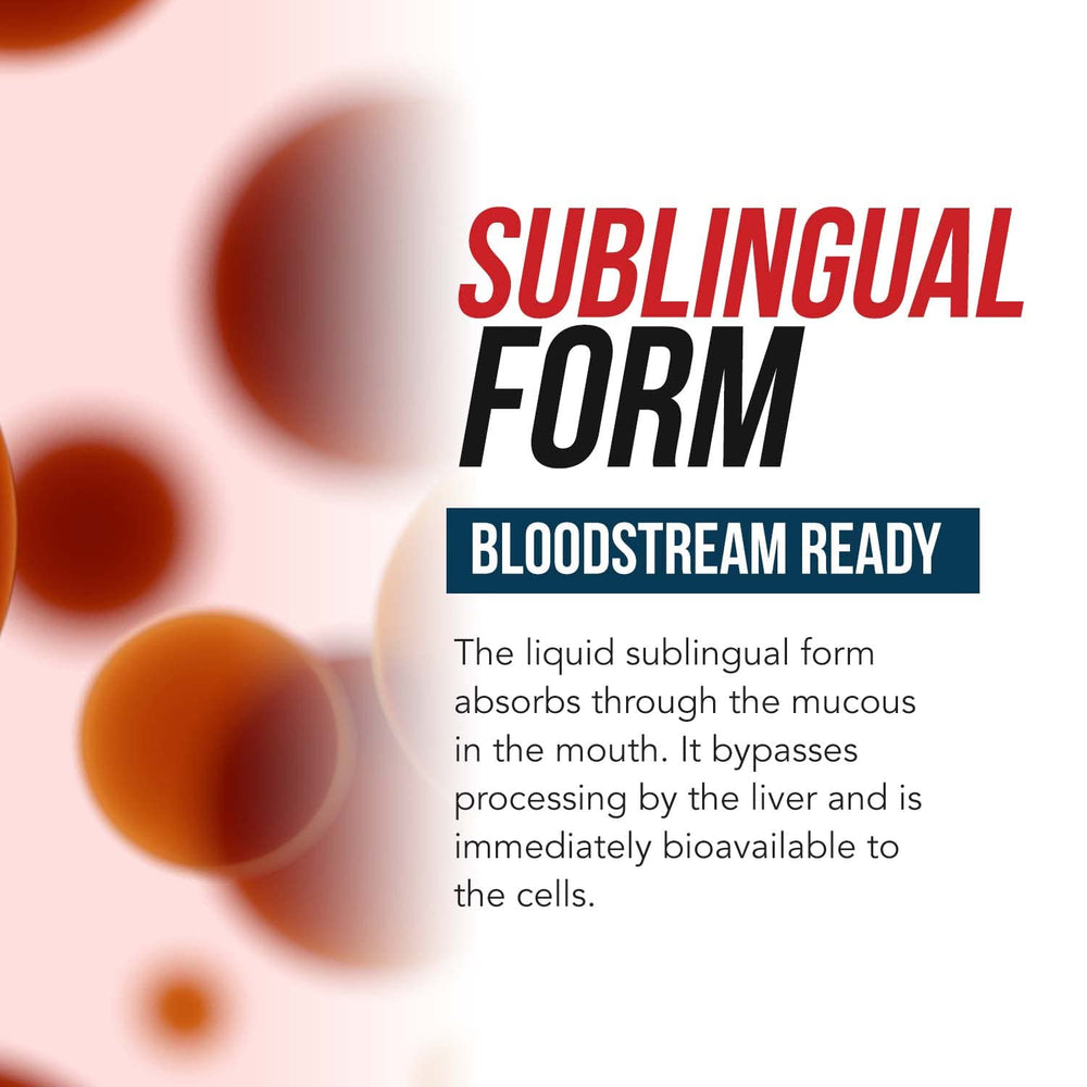 Berry flavored liquid B12 next to a glass of water