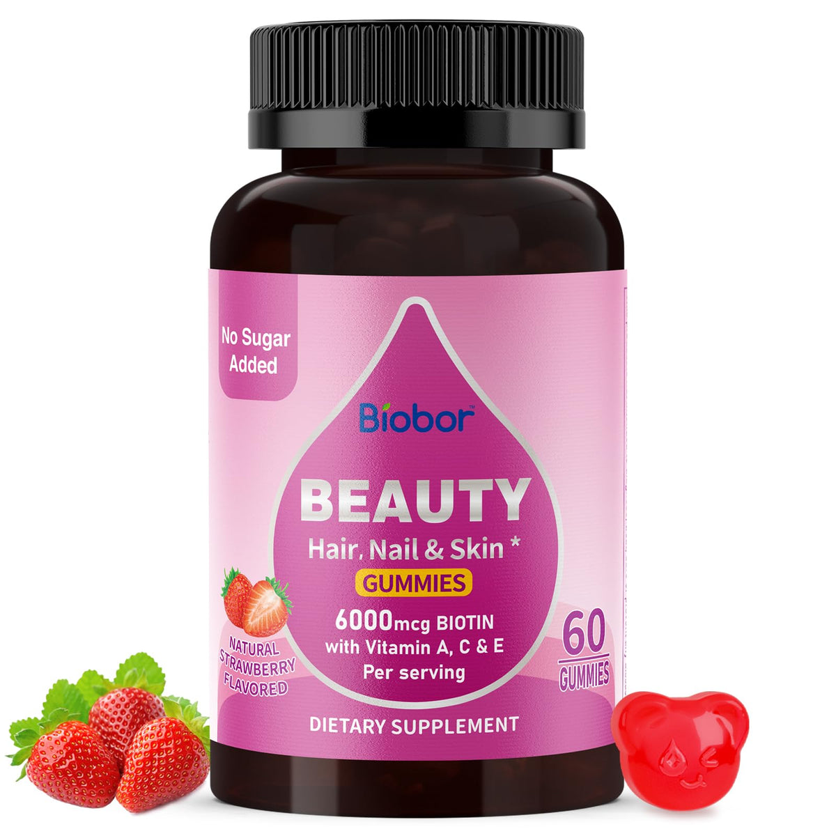 Biobor Beauty Gummies bottle with label showing 6000mcg Biotin
