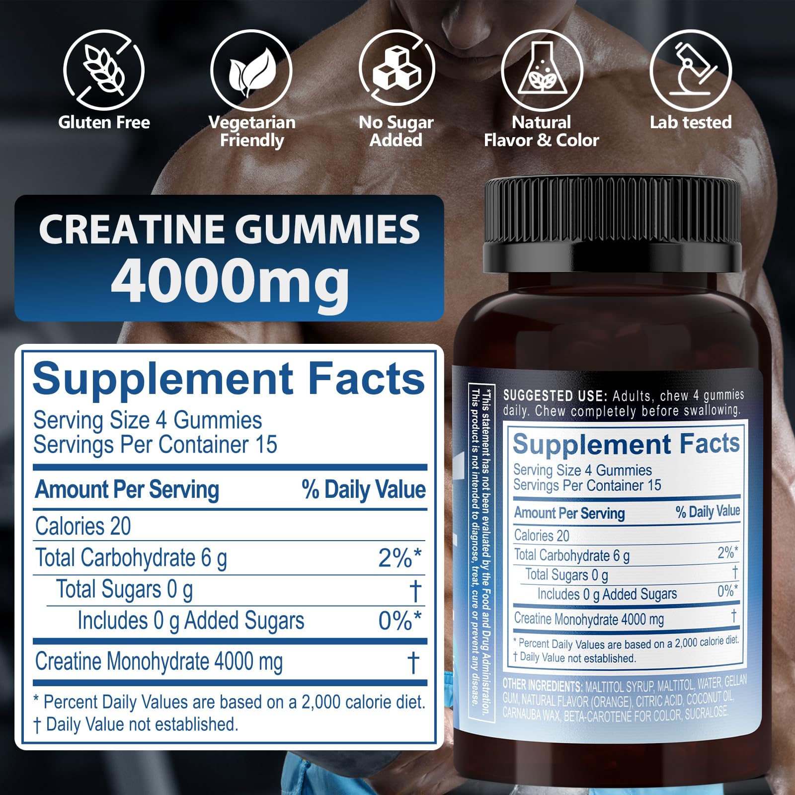 Back view showing ingredients label on Biobor Creatine Monohydrate Gummies orange flavor bottle