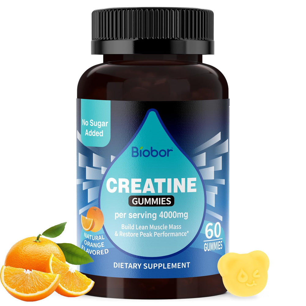 Front view of Biobor Creatine Monohydrate Gummies orange flavor bottle