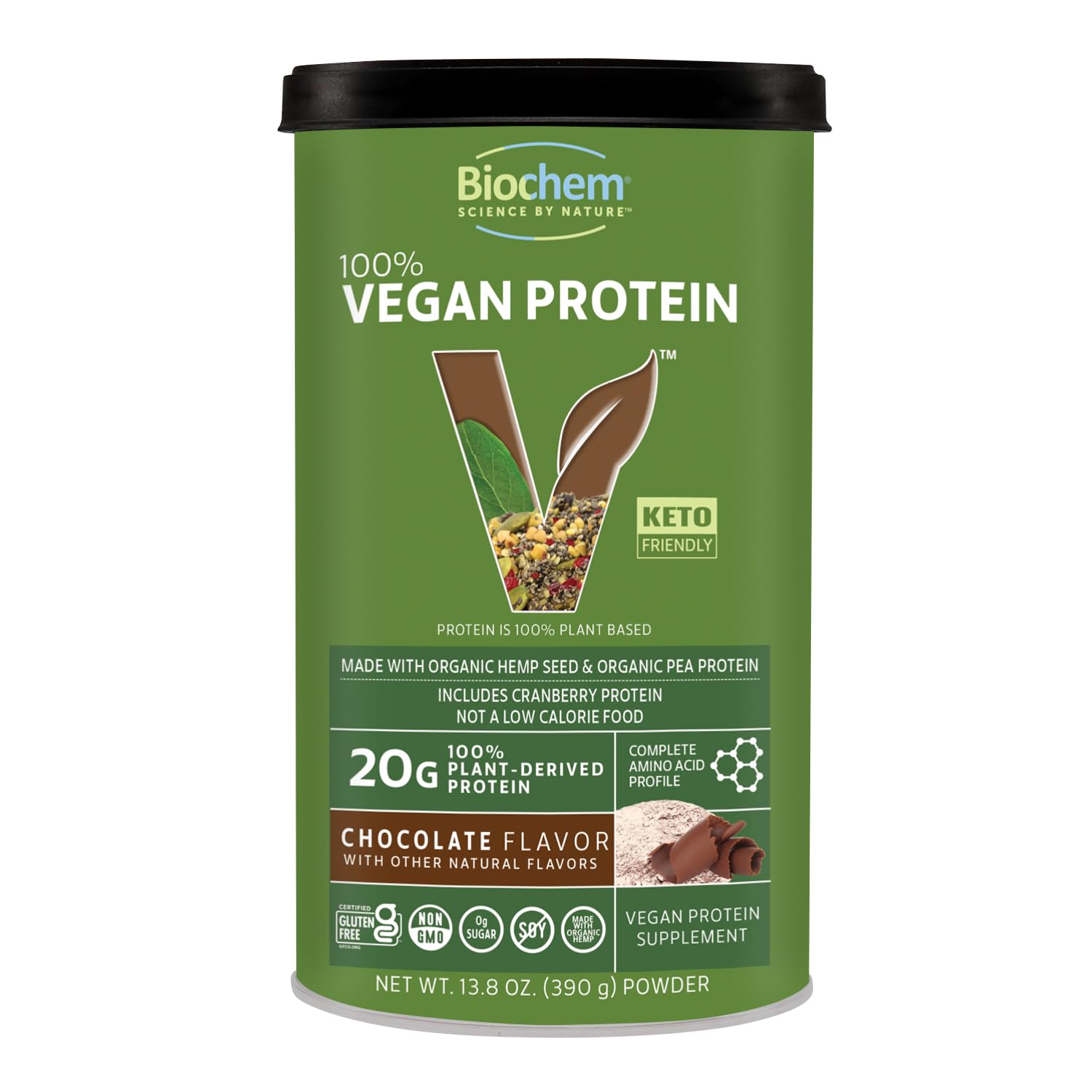 Biochem vegan protein powder bag front—keto-friendly plant nutrition.