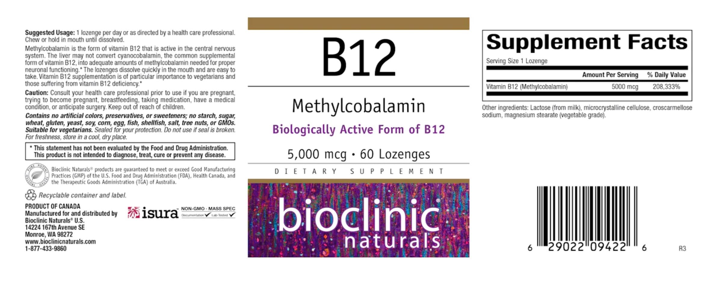 Close-up of Bioclinic Naturals B12 Methylcobalamin lozenges