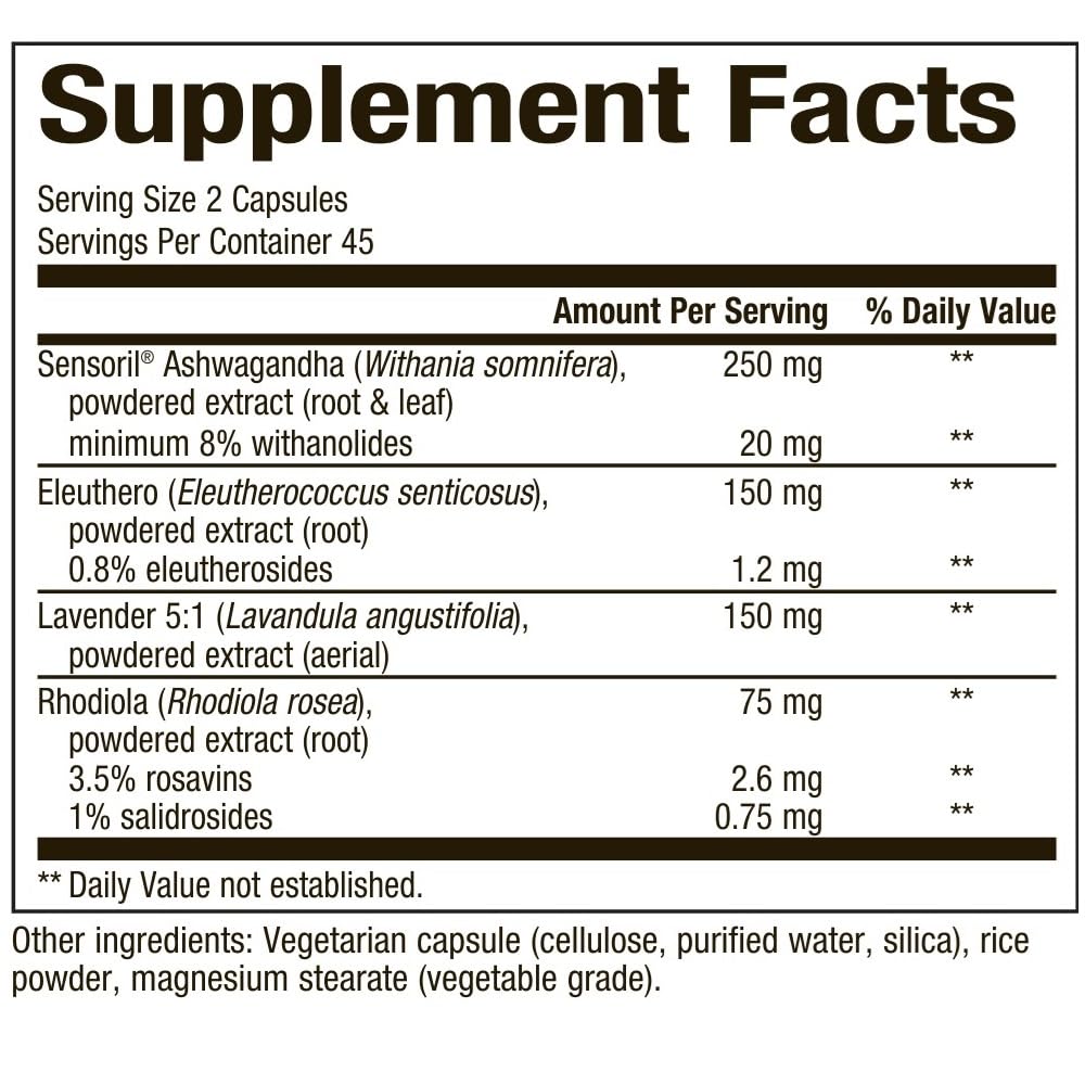 Sereni-Pro ingredients: Ashwagandha, Eleuthero, Lavender, Rhodiola