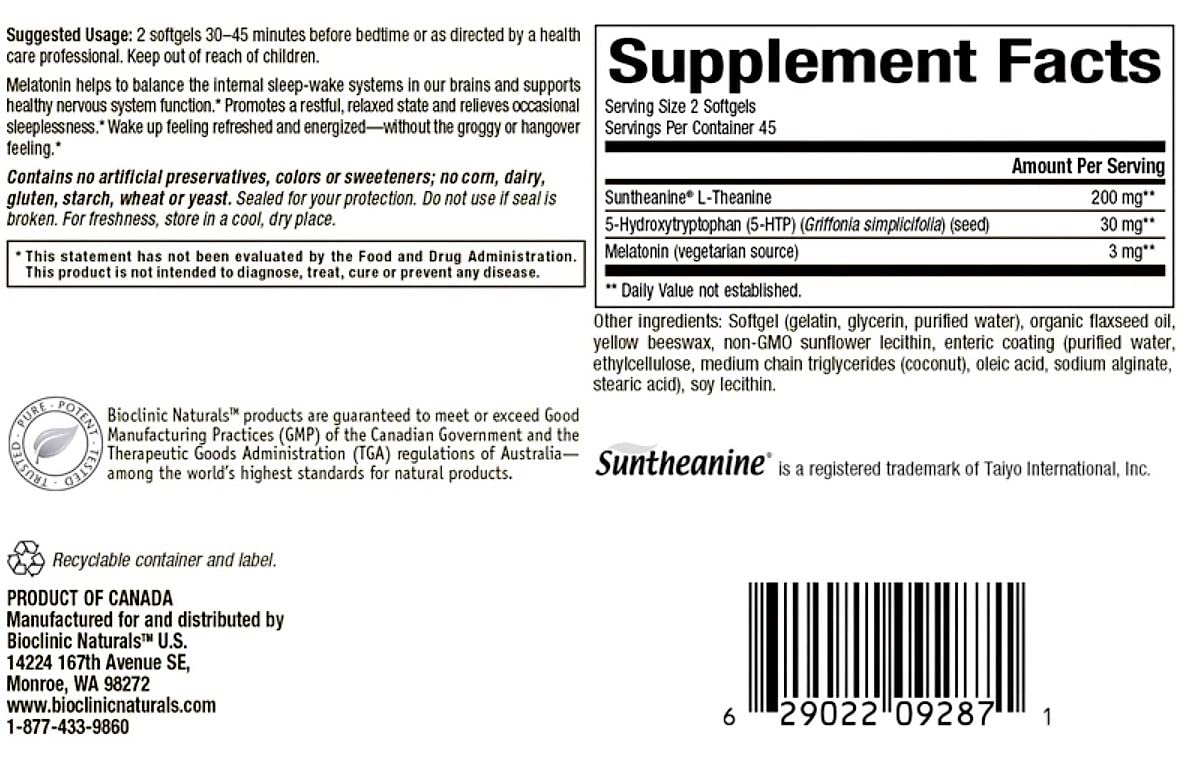 Somno-Pro bottle label highlighting Melatonin, 5-HTP and L-Theanine