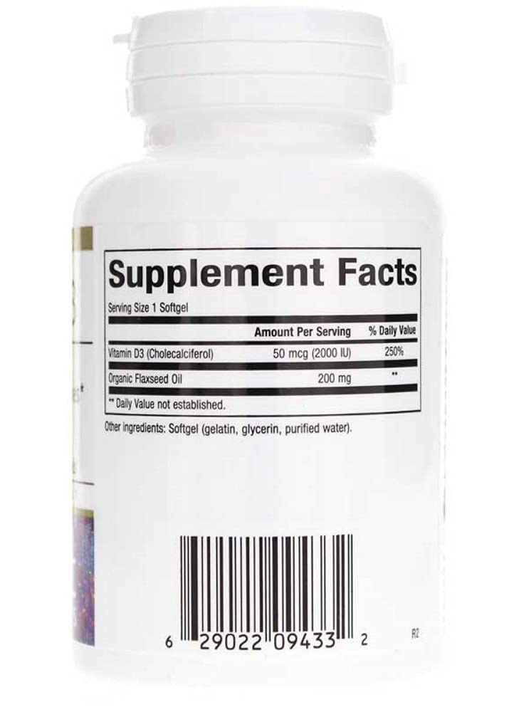 Vitamin D3 softgels blended with organic flaxseed oil