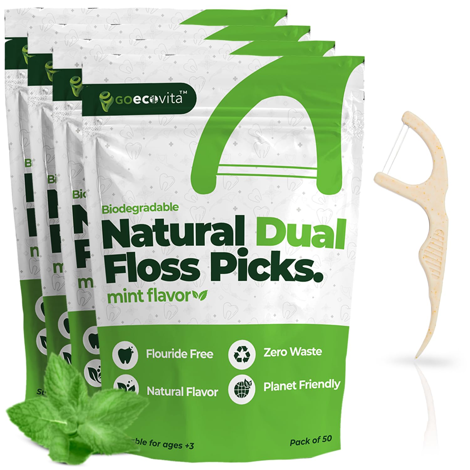 Biodegradable floss picks with a natural straw wheat handle