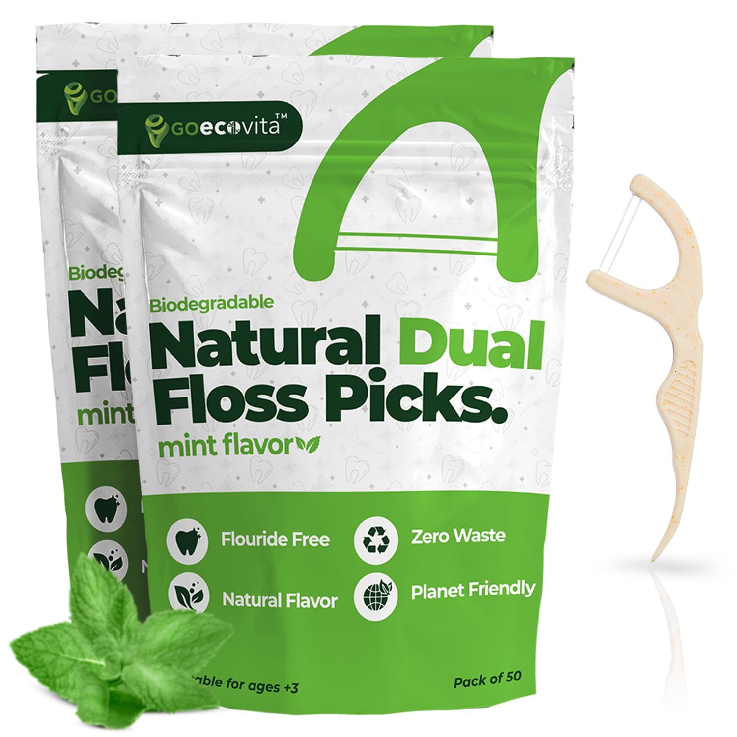 Biodegradable dual-thread floss picks with natural straw-wheat handle and mint flavor
