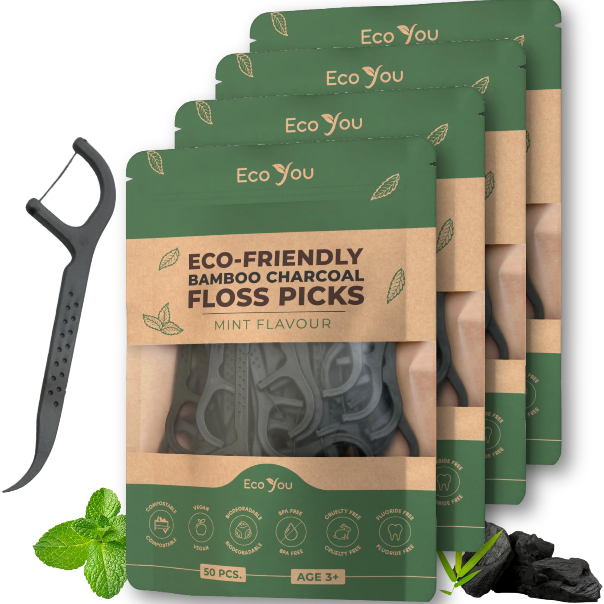 Biodegradable floss picks with mint flavor in bamboo case