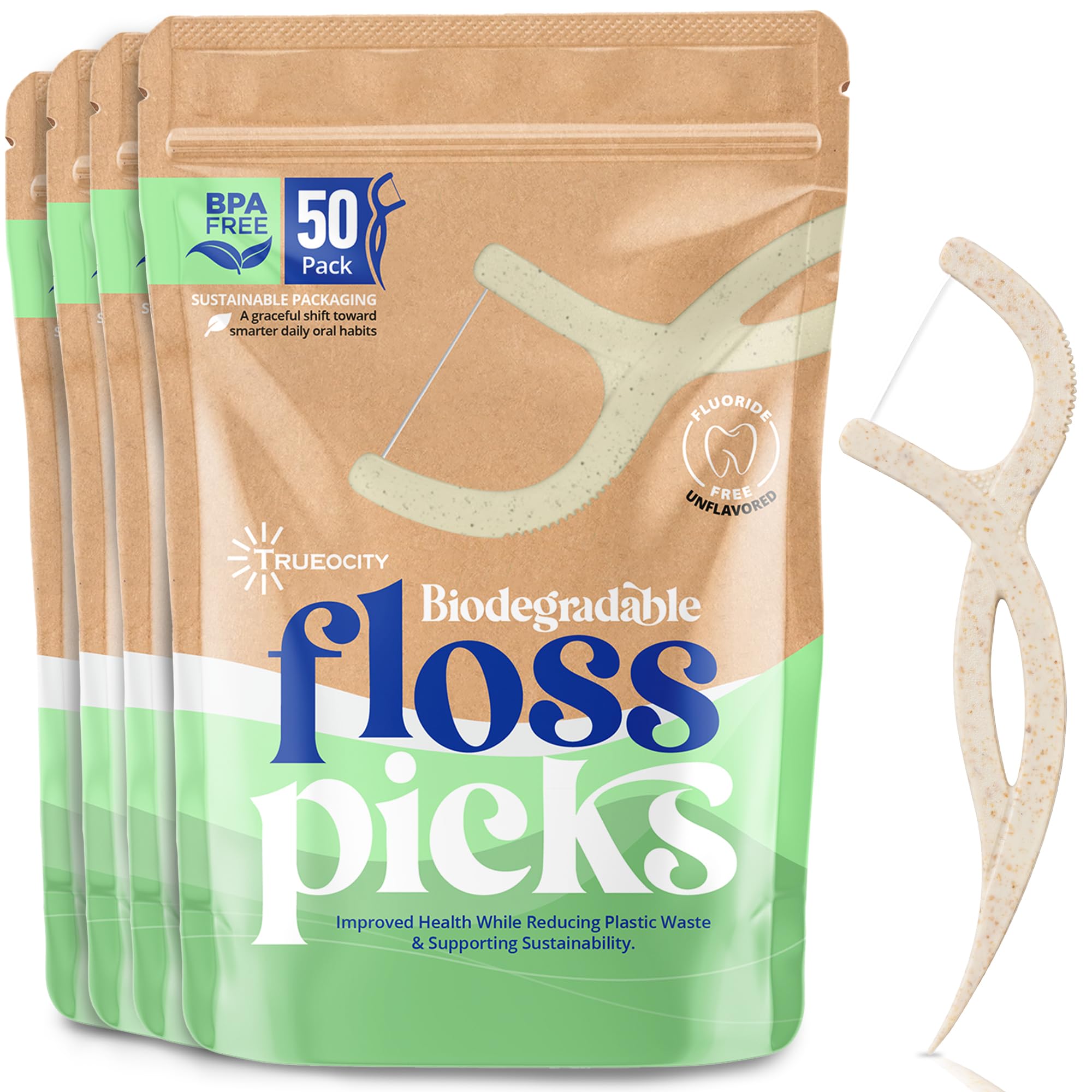 Biodegradable floss picks in a 200-count pack (bag 1).
