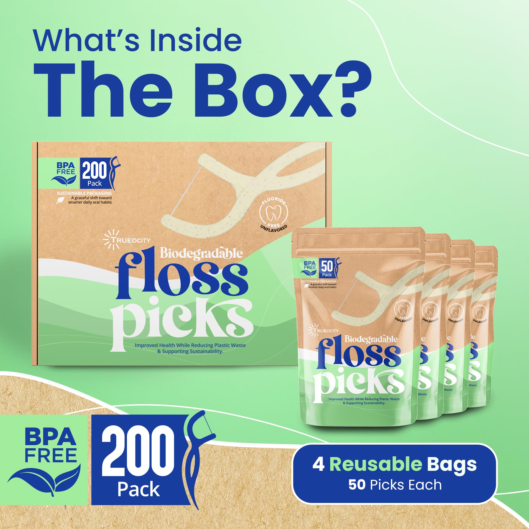 Biodegradable floss picks in a 200-count pack (bag 2).