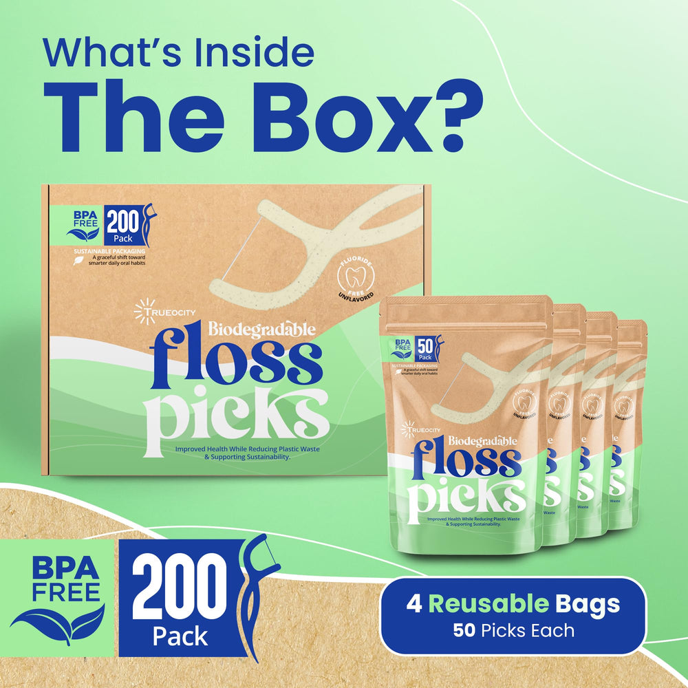 Biodegradable floss picks in a 200-count pack (bag 2).