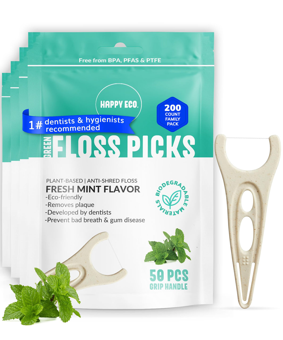 Biodegradable floss picks 200pcs in mint flavor