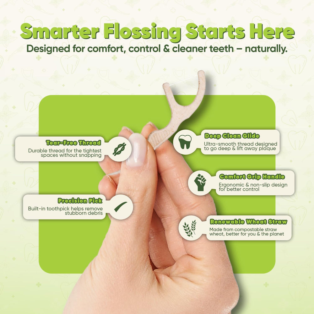 Close-up of compostable straw wheat handle on a floss pick.