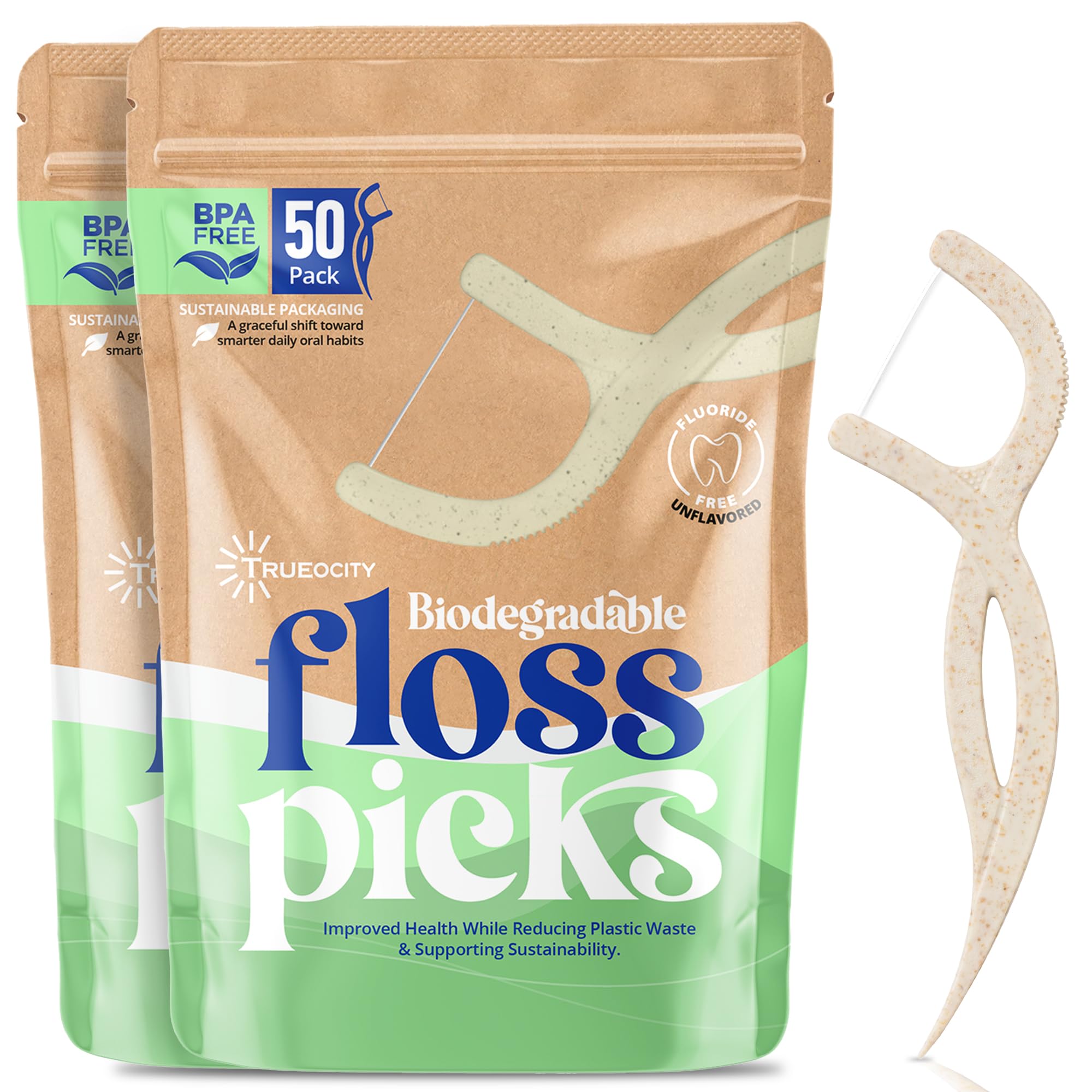 100-count biodegradable floss picks in compostable packaging.