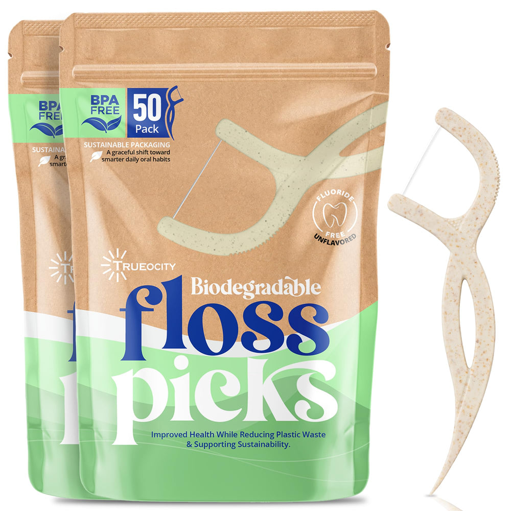100-count biodegradable floss picks in compostable packaging.