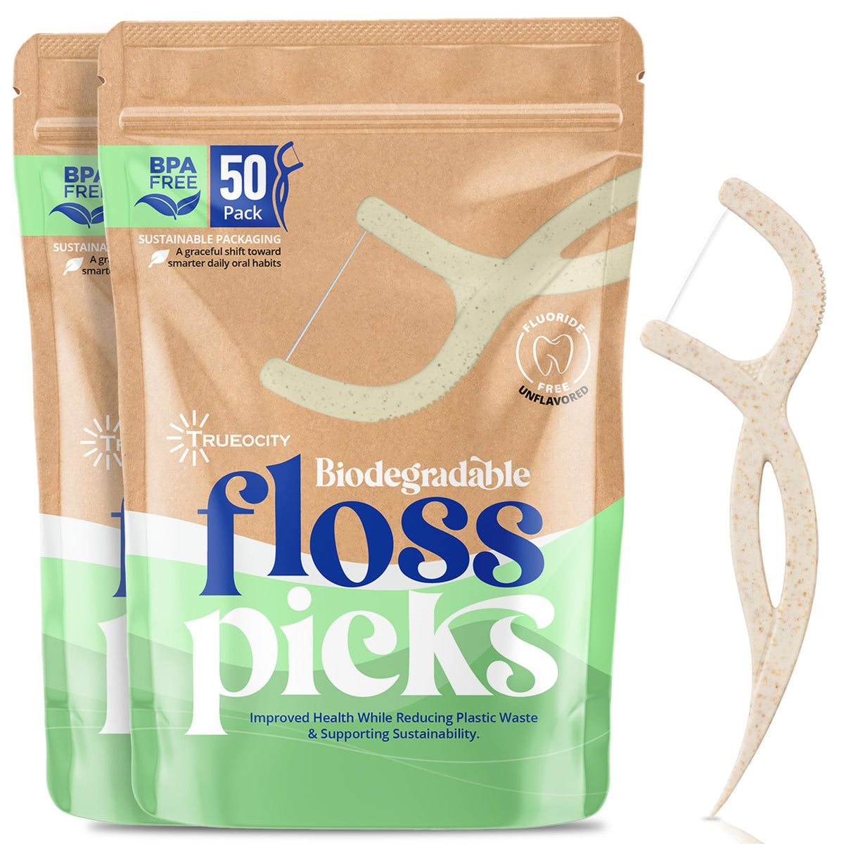 100-count biodegradable floss picks in compostable packaging.