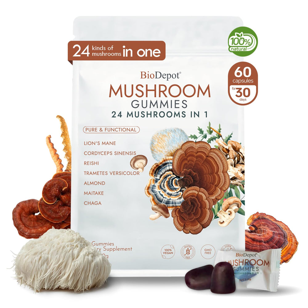 Biodepot Mushroom Gummies bottle featuring Lion's Mane, Cordyceps & Reishi