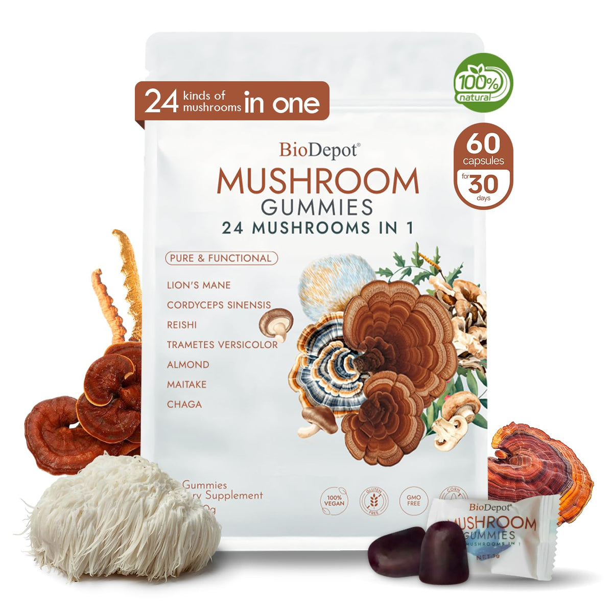 Biodepot Mushroom Gummies bottle featuring Lion's Mane, Cordyceps & Reishi