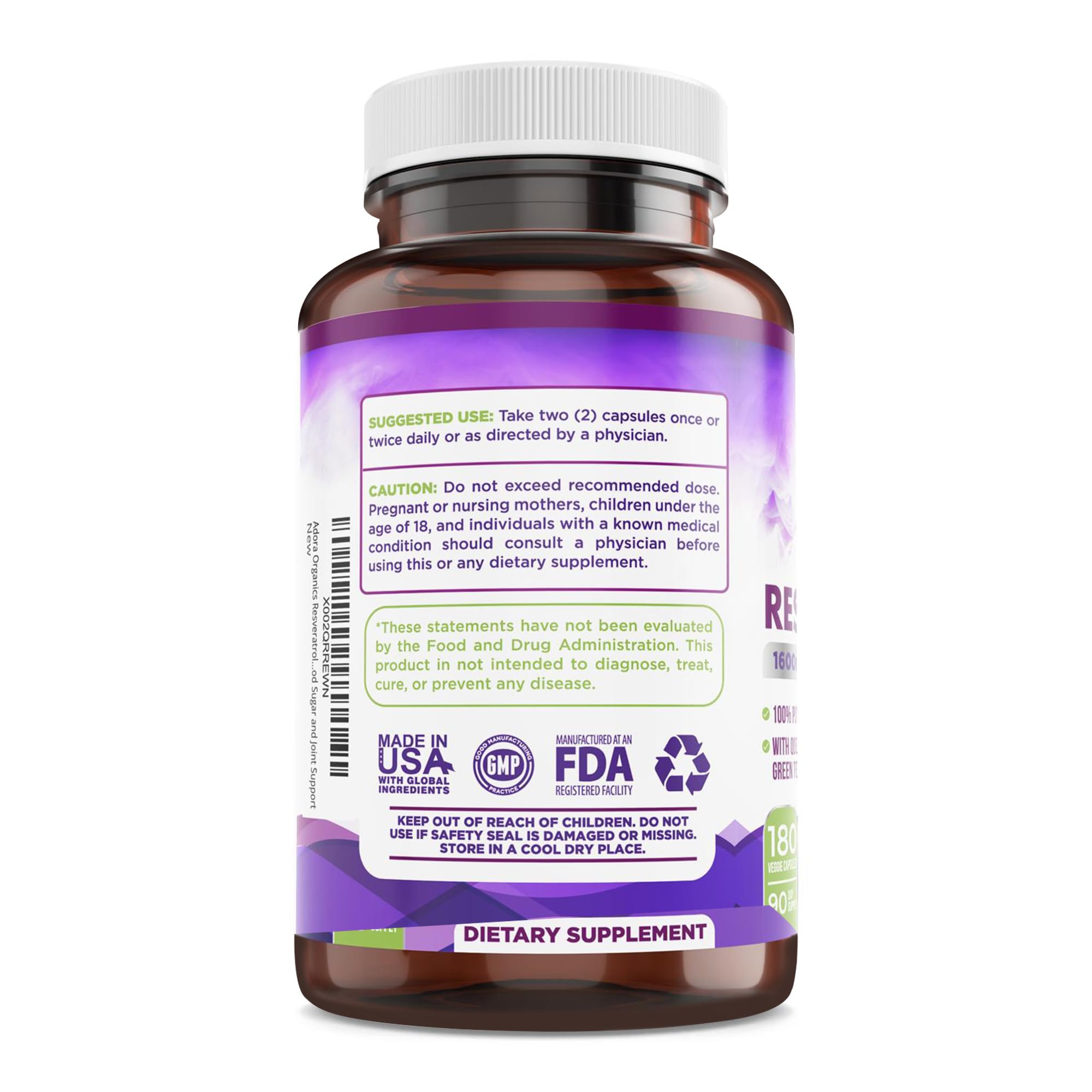 Supplement facts and ingredient list for Biodora Resveratrol 1600mg