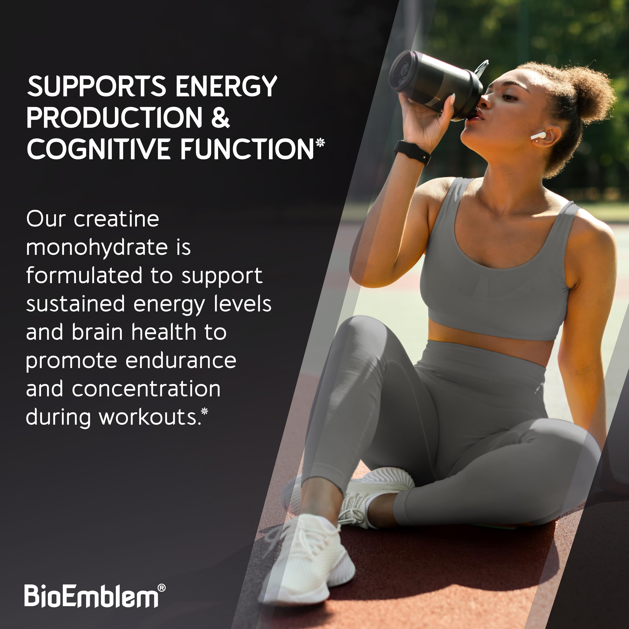 Close-up of BioEmblem Creatine Monohydrate jar label