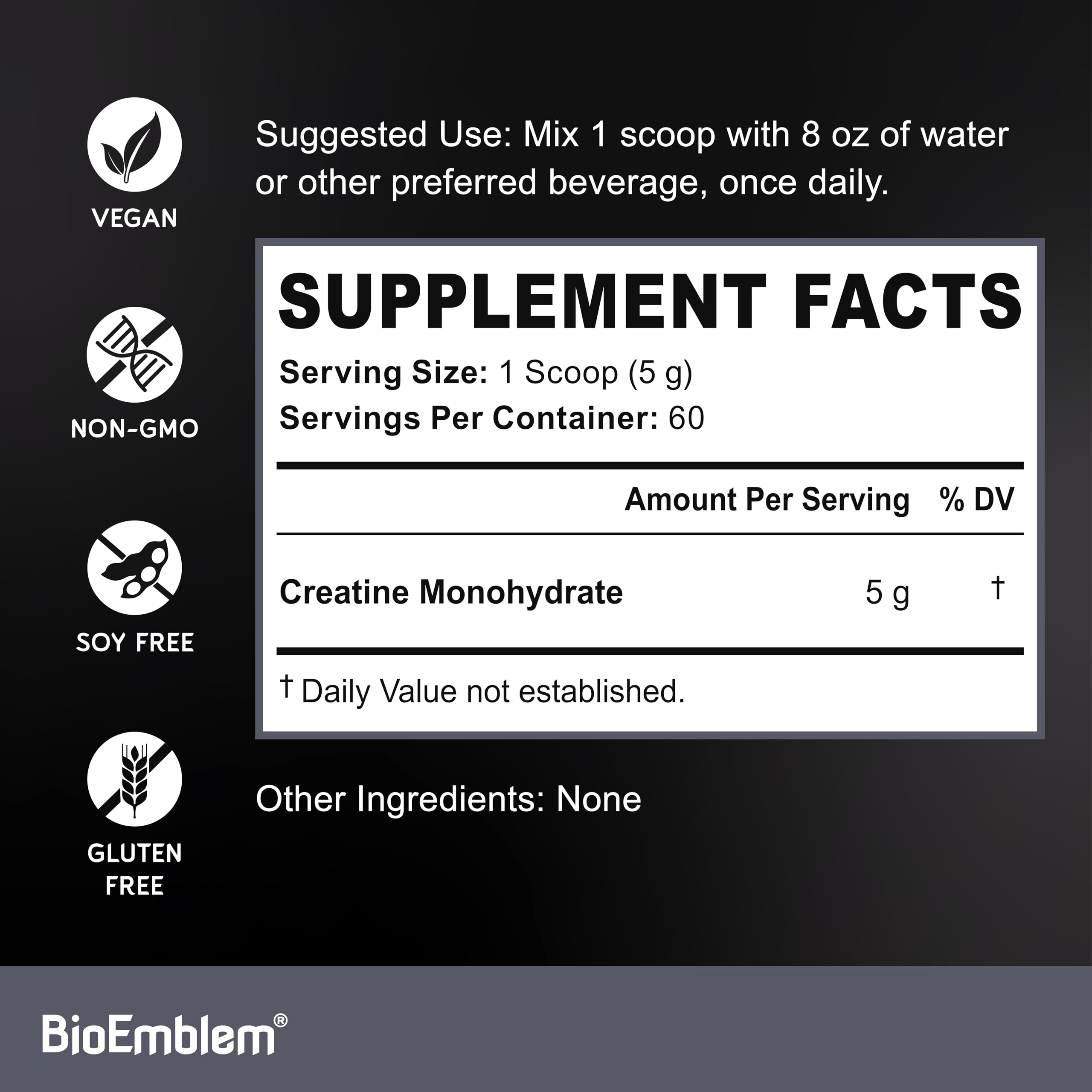 Nutrition facts label of BioEmblem Creatine Monohydrate powder