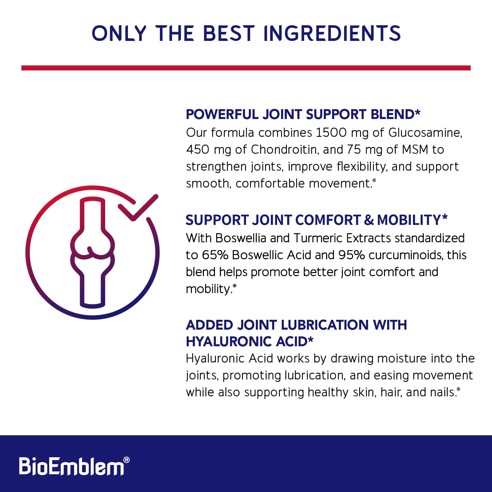 Joint health formula with boswellia, turmeric and hyaluronic acid