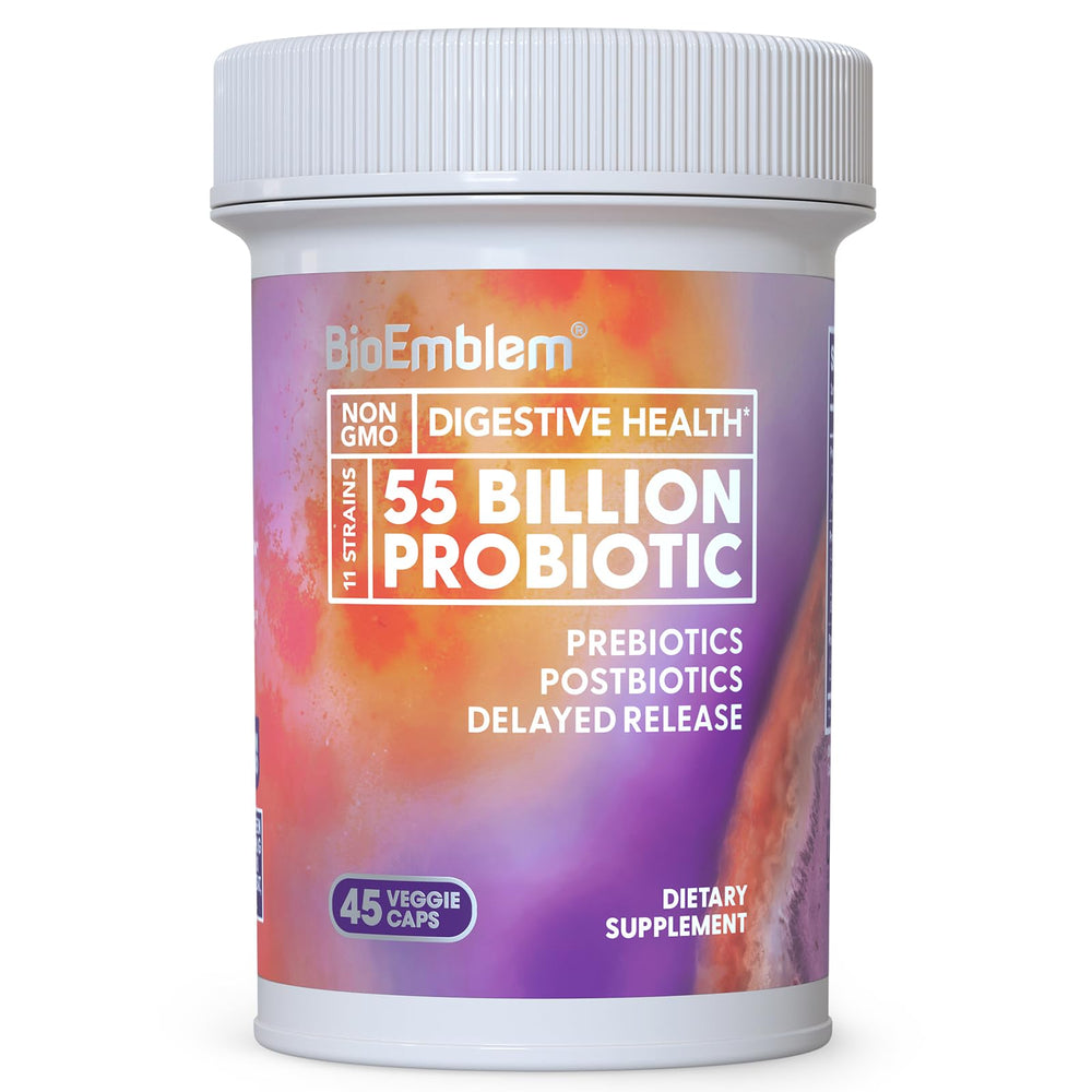 Bottle of BioEmblem Probiotics for women and men with 55 Billion CFU and 11 strains
