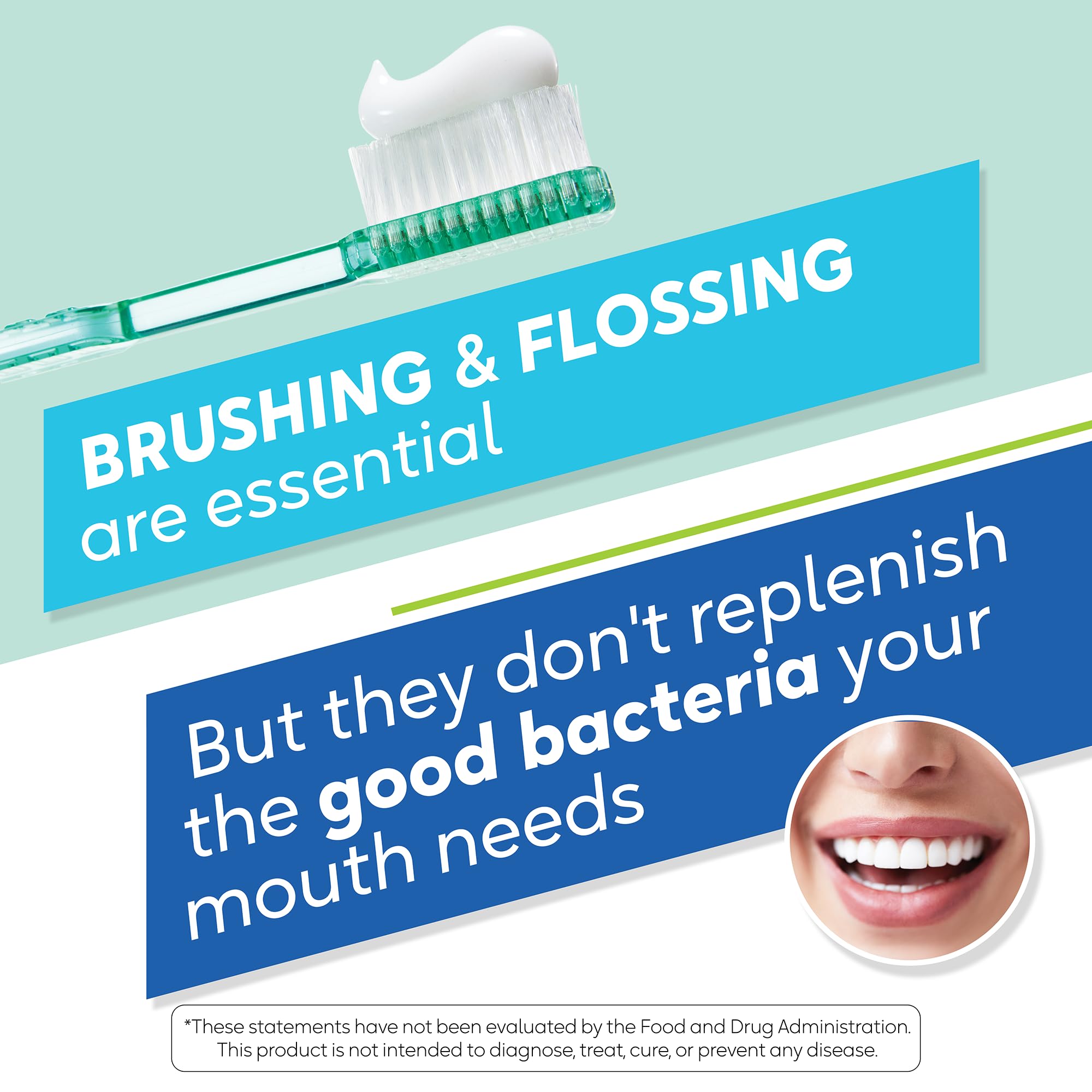 BioGaia Prodentis lozenge beside toothbrush in bathroom for routine use