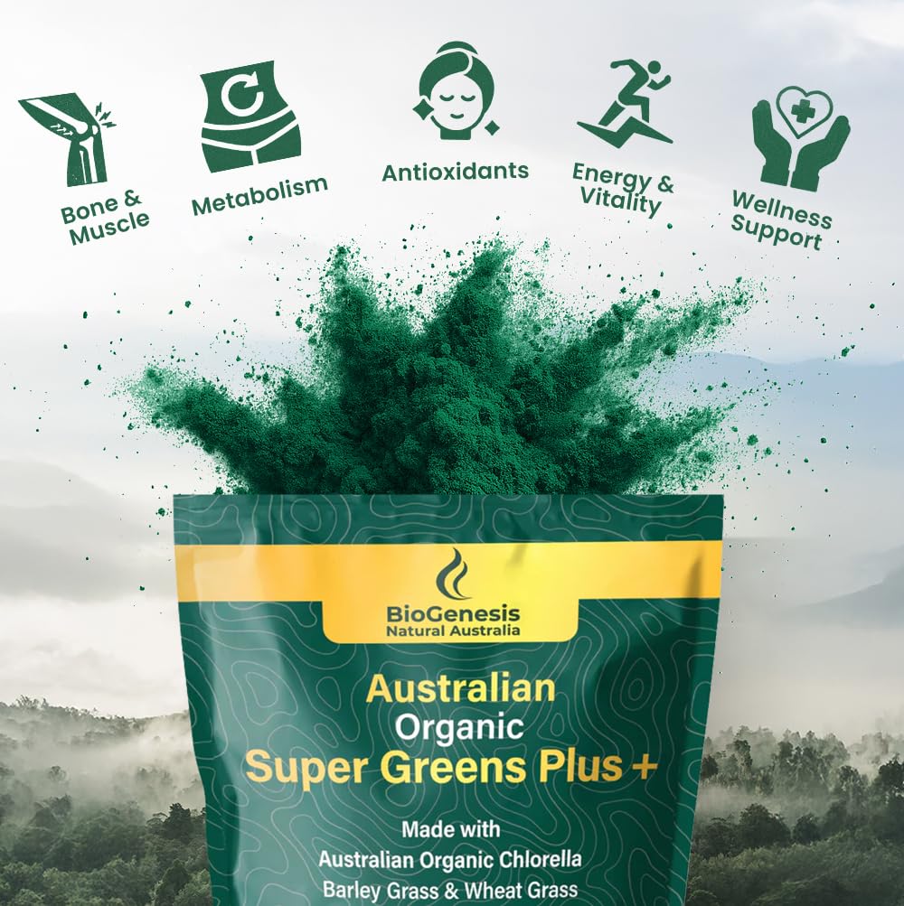 Close-up of organic greens ingredients: chlorella, wheatgrass, barley grass, spirulina