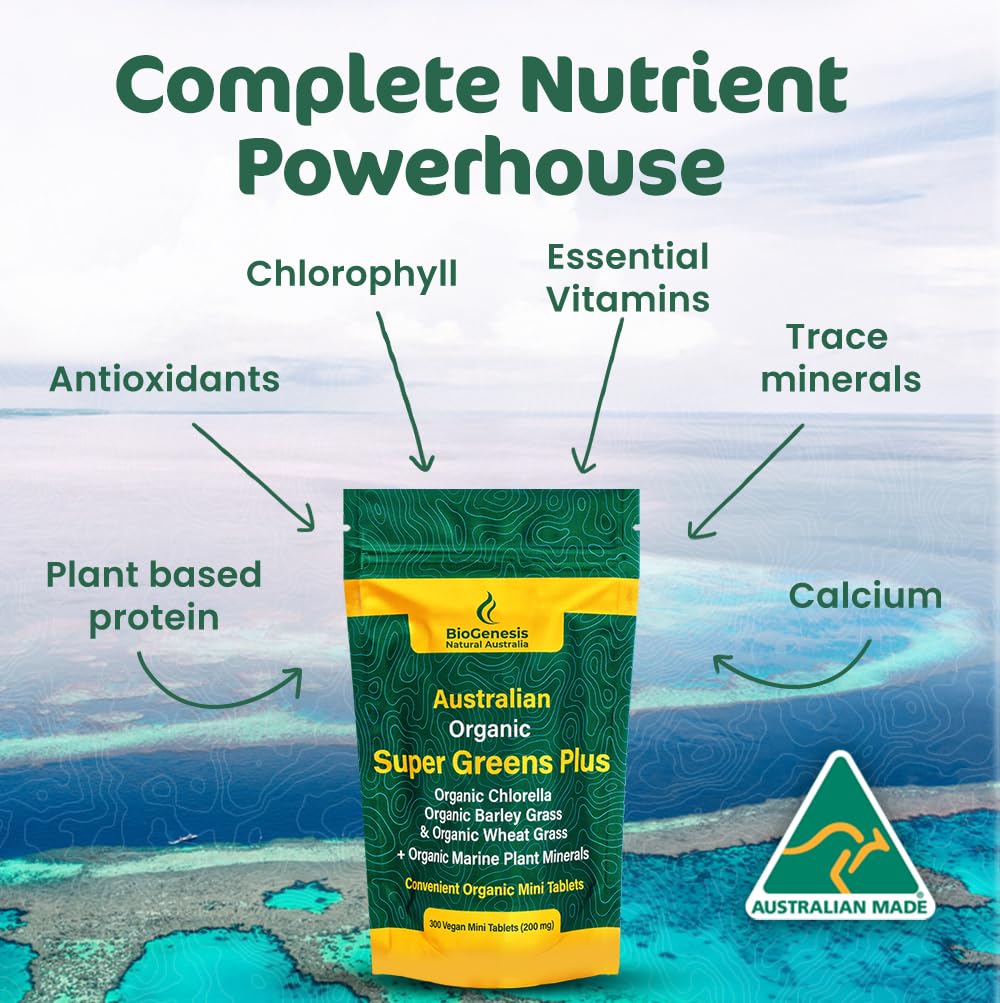 Front view of Biogenesis SuperGreens Plus tablets bottle