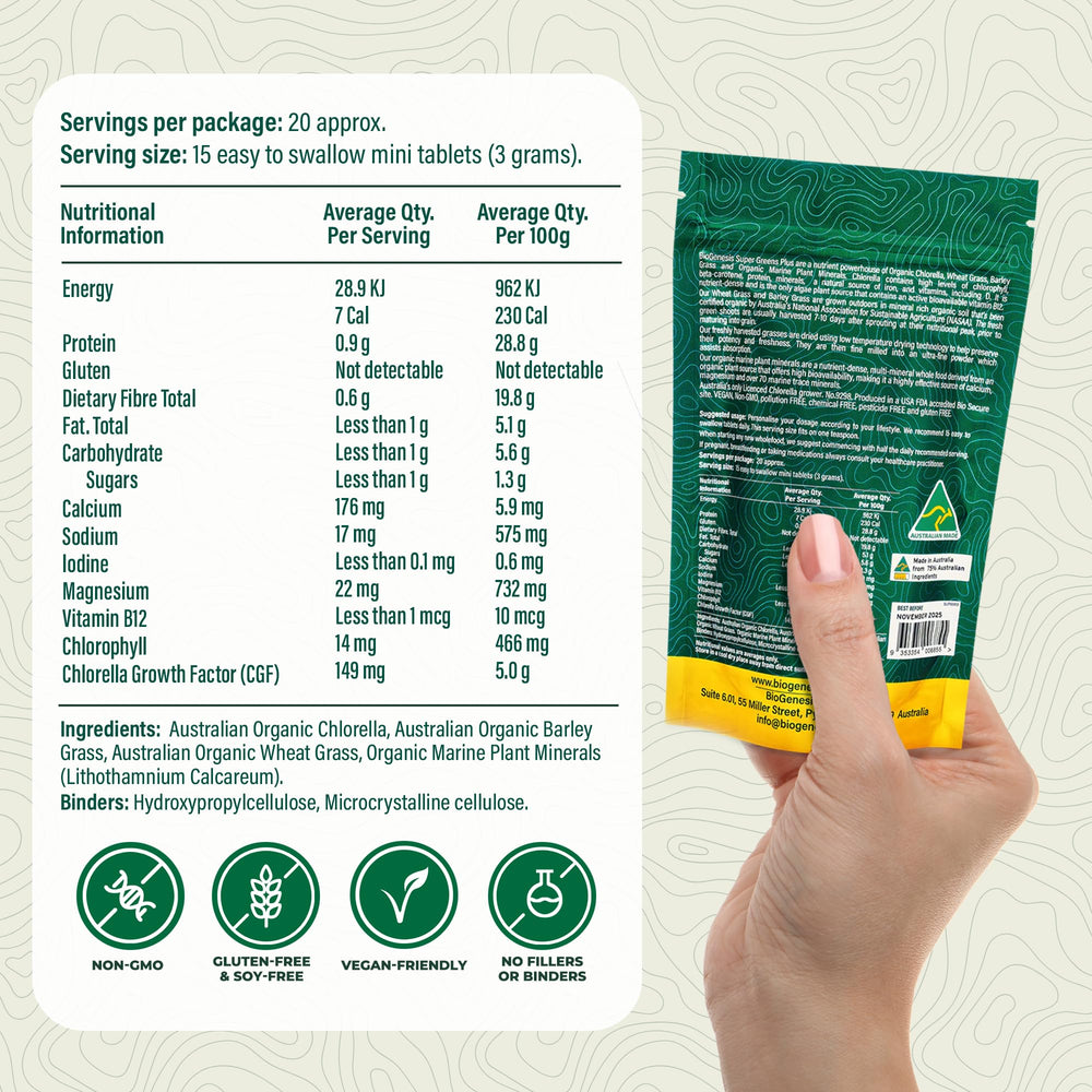 Ingredients include organic chlorella, barley grass, and wheatgrass