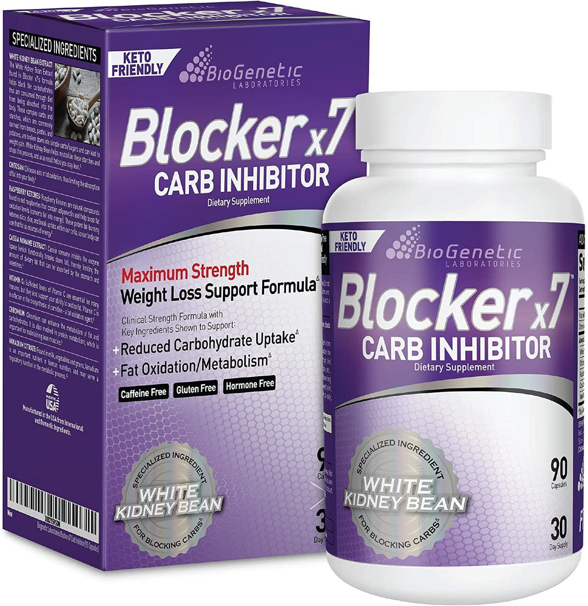 BioGenetic Laboratories Carb Blocker X7 bottle-front view supports keto-friendly meals.
