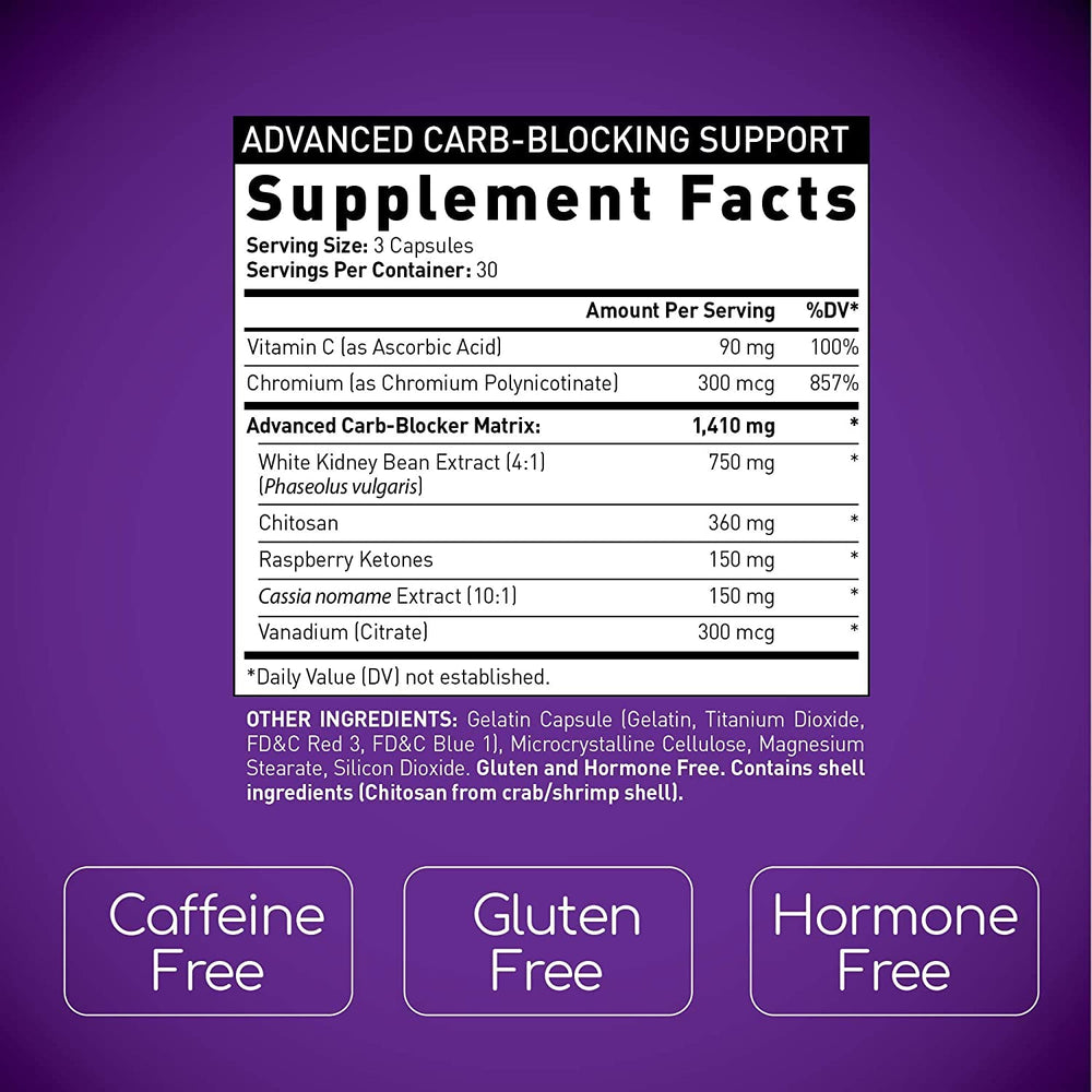 BioGenetic Laboratories Carb Blocker X7 bottle-label closeup highlights seven synergistic ingredients for appetite control.