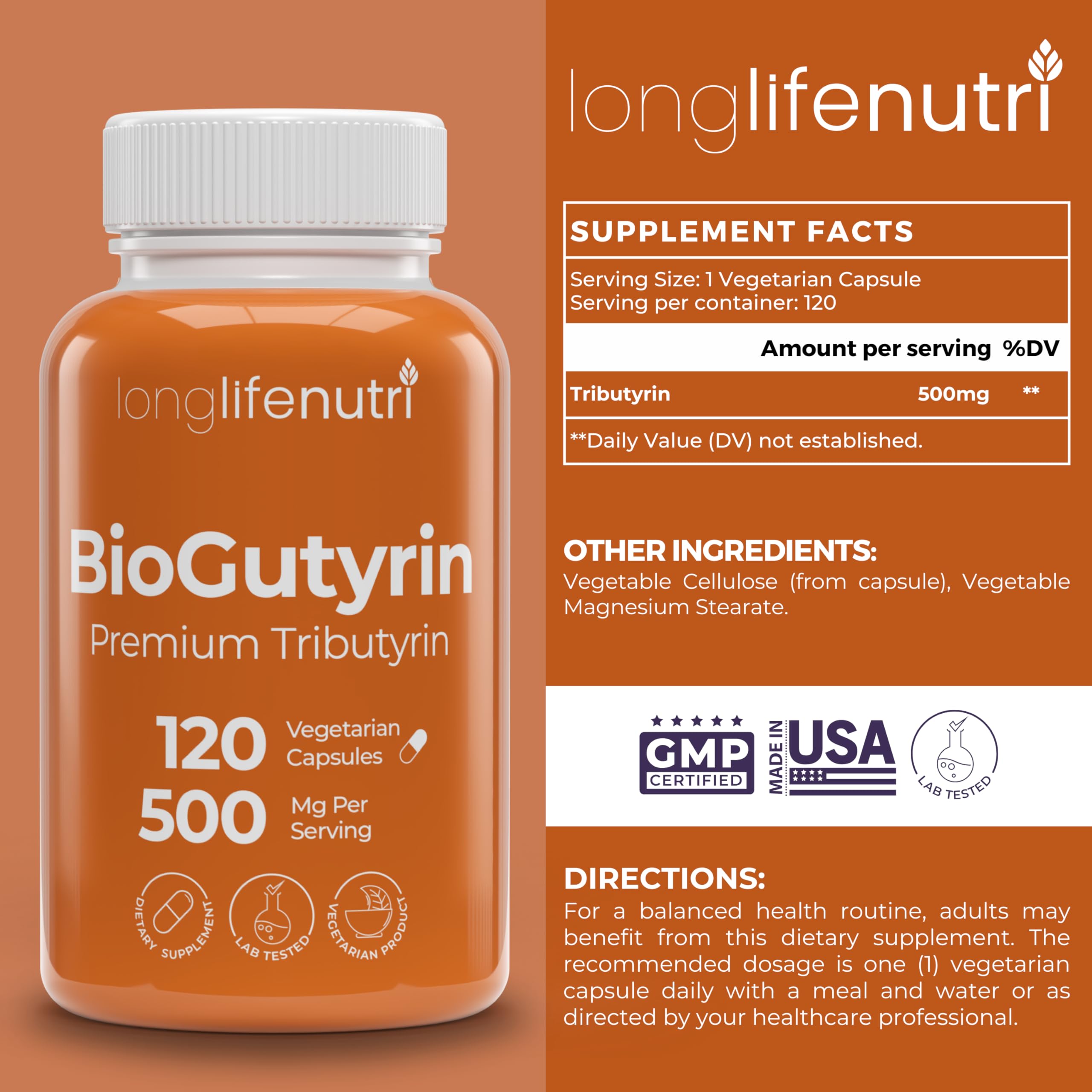 Close-up of BioGutyrin bottle showing label and cap