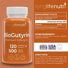 Close-up of BioGutyrin bottle showing label and cap