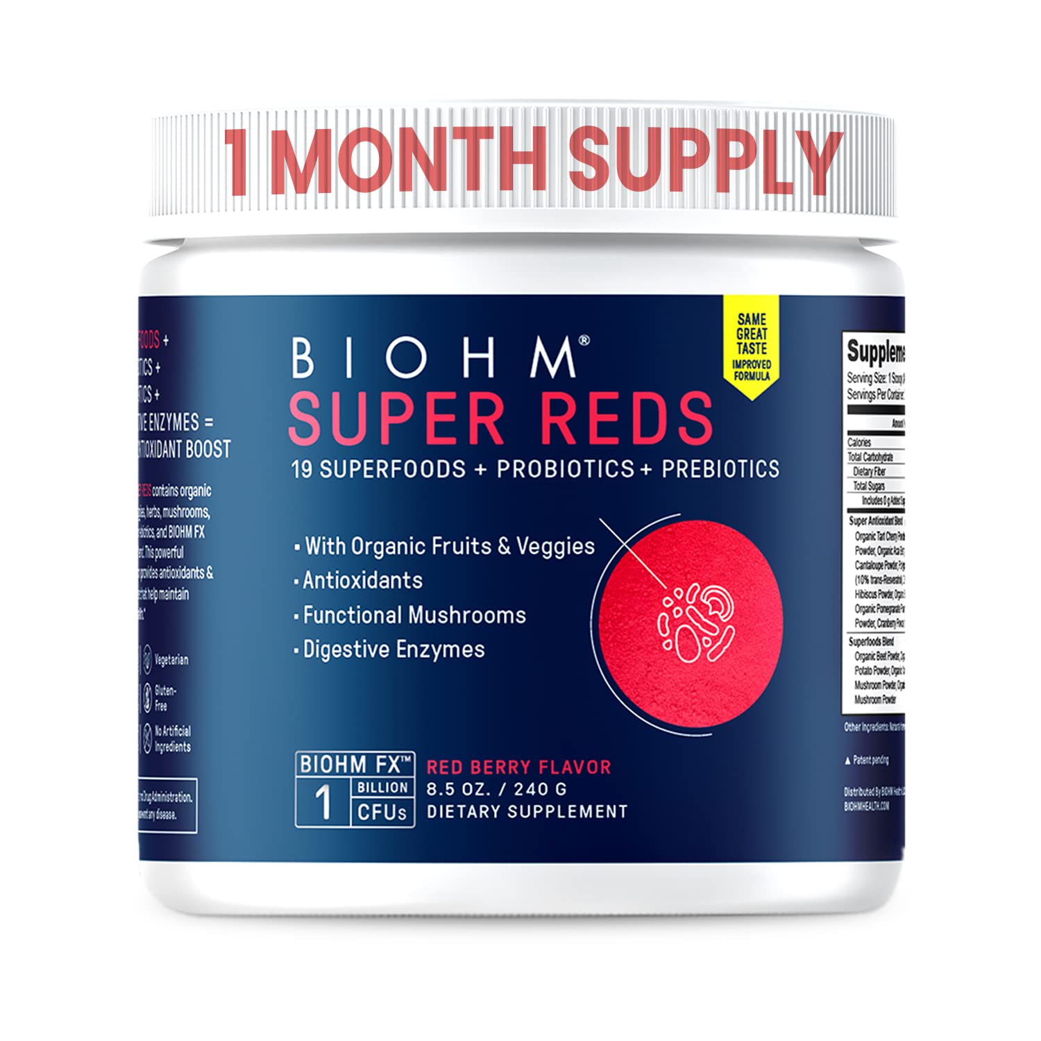 Hero image of BIOHM Super Reds beet root powder with red berries