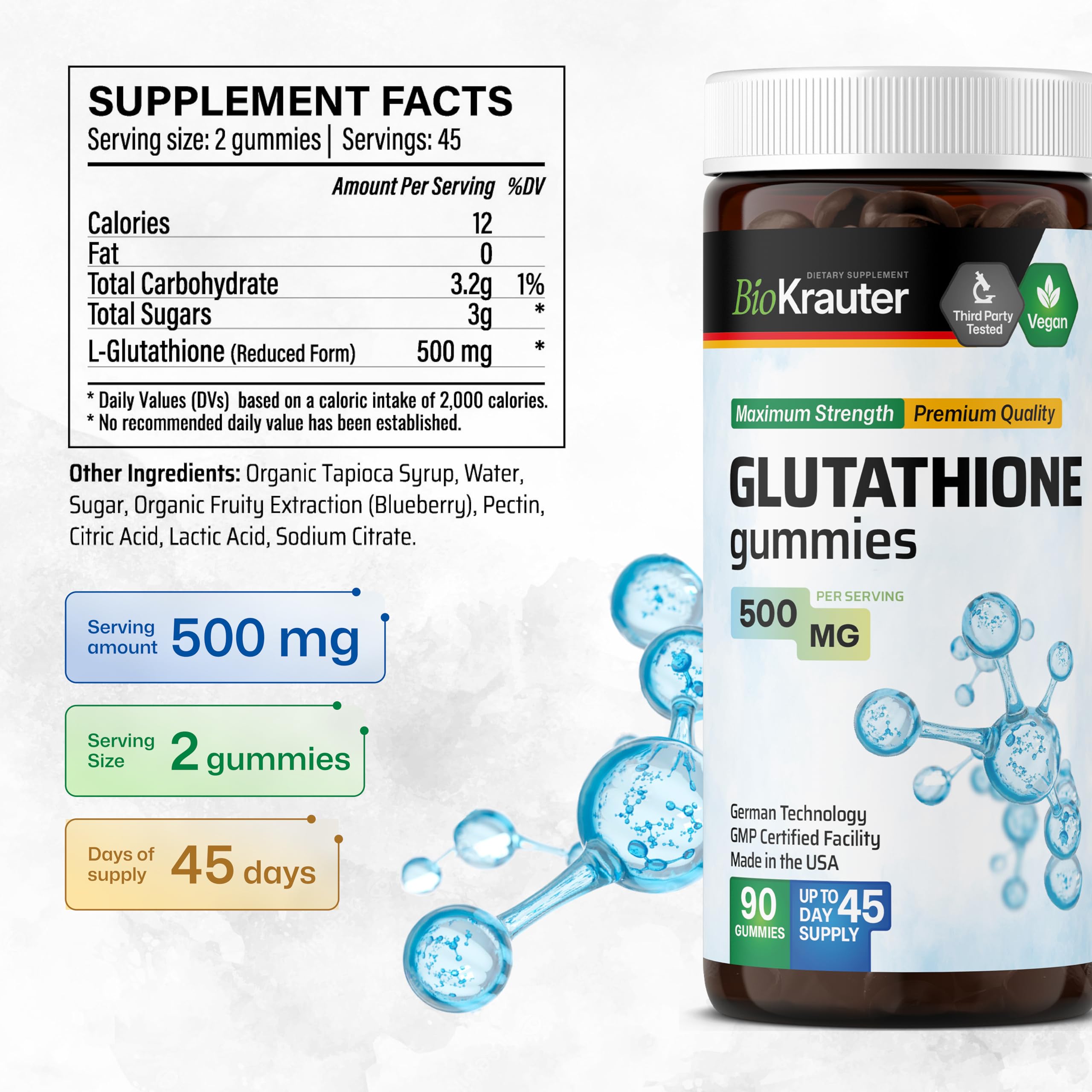 BIO KRAUTER L-Glutathione Gummies 90-count packaging close-up shows product scale.