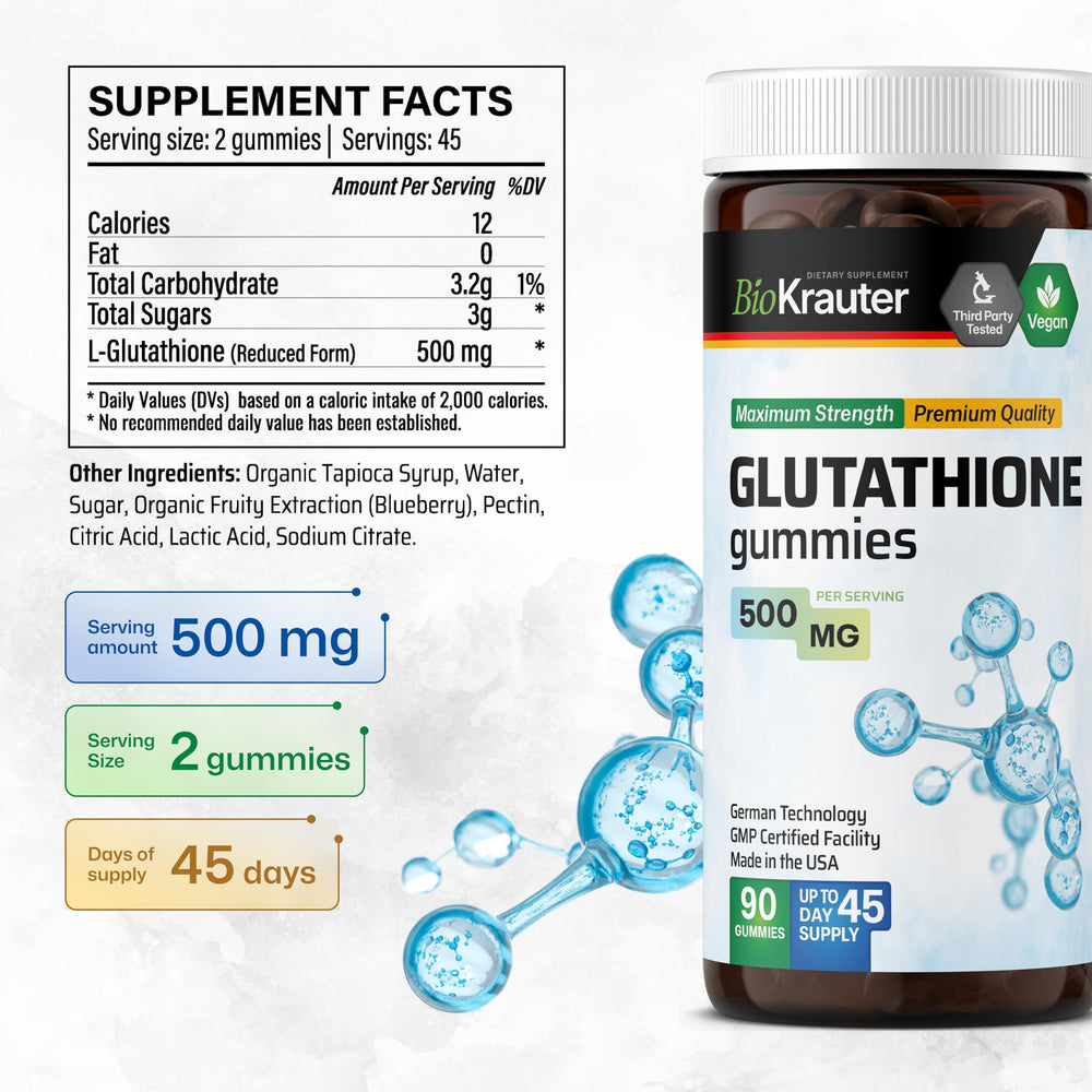 BIO KRAUTER L-Glutathione Gummies blue-light glow emphasizes natural flavor cue.
