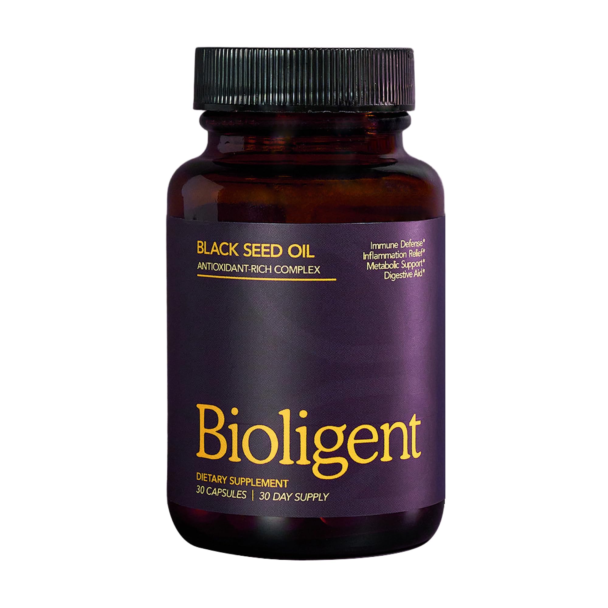 Bottle of Bioligent Black Seed Oil Capsules on white background