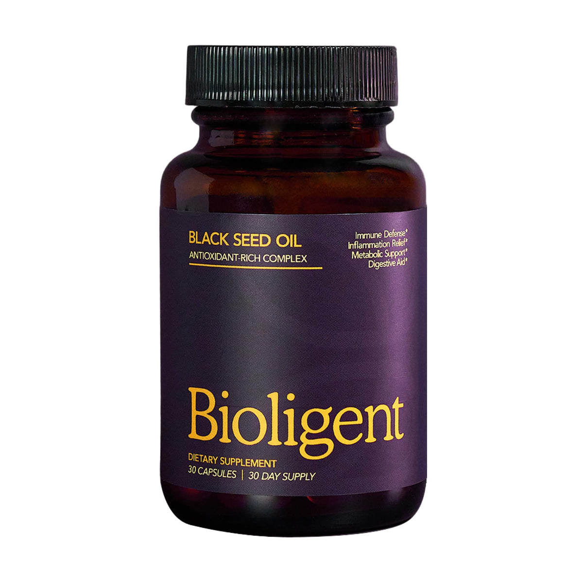 Bottle of Bioligent Black Seed Oil Capsules on white background