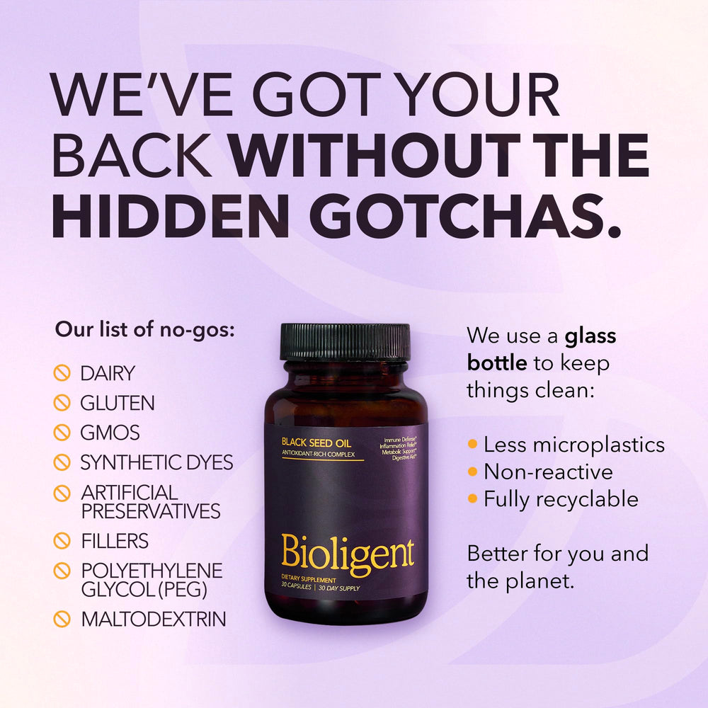 Front label showing Bioligent Black Seed Oil 30 capsules