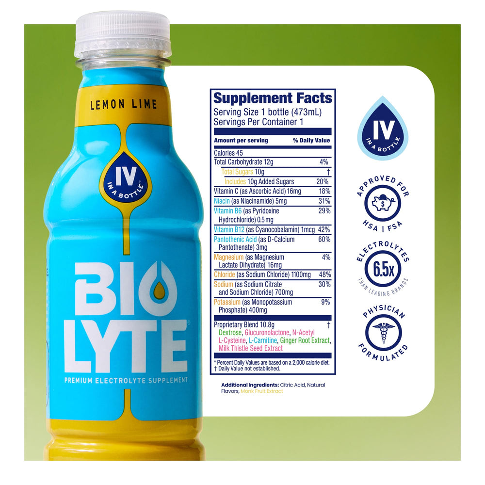 BIOLYTE Lemon Lime 16 oz bottle nutrition facts in 12-pack