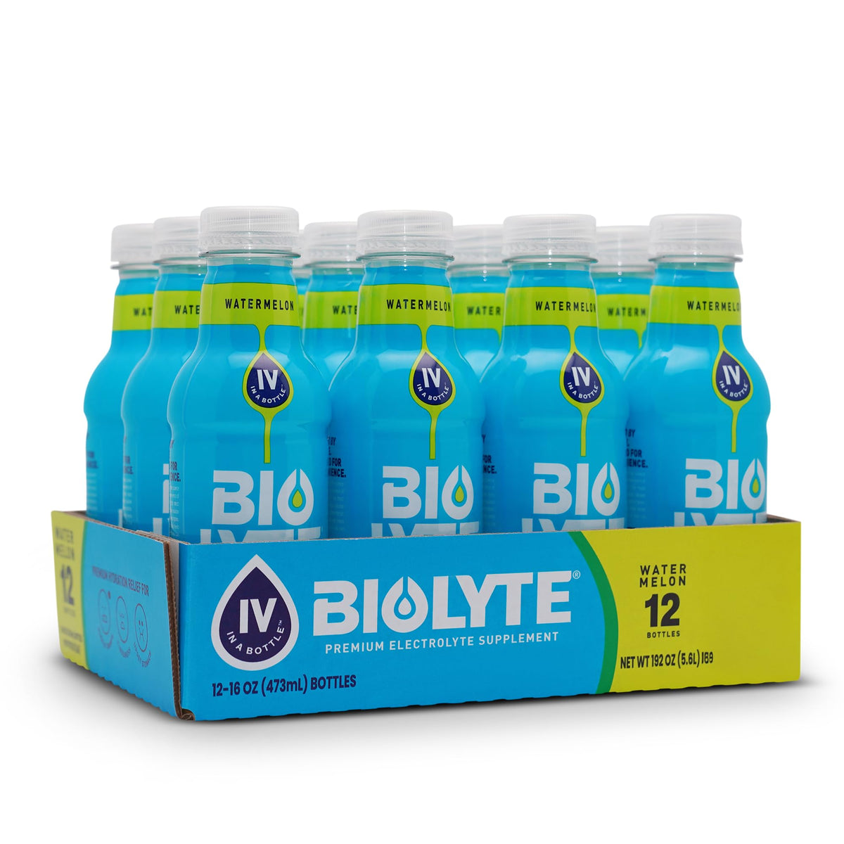 BIOLYTE Watermelon 16oz bottle front view in a 12-pack