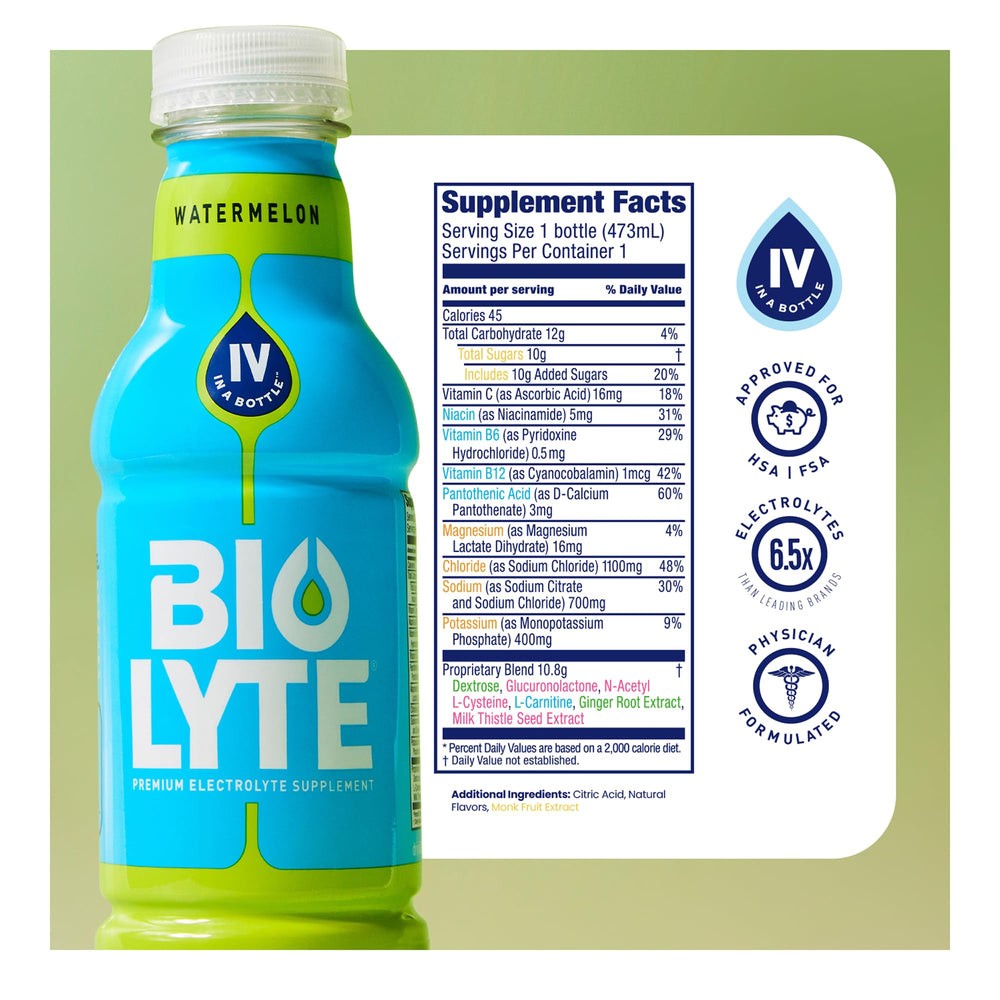 Ingredients list on BIOLYTE Watermelon 16oz bottle