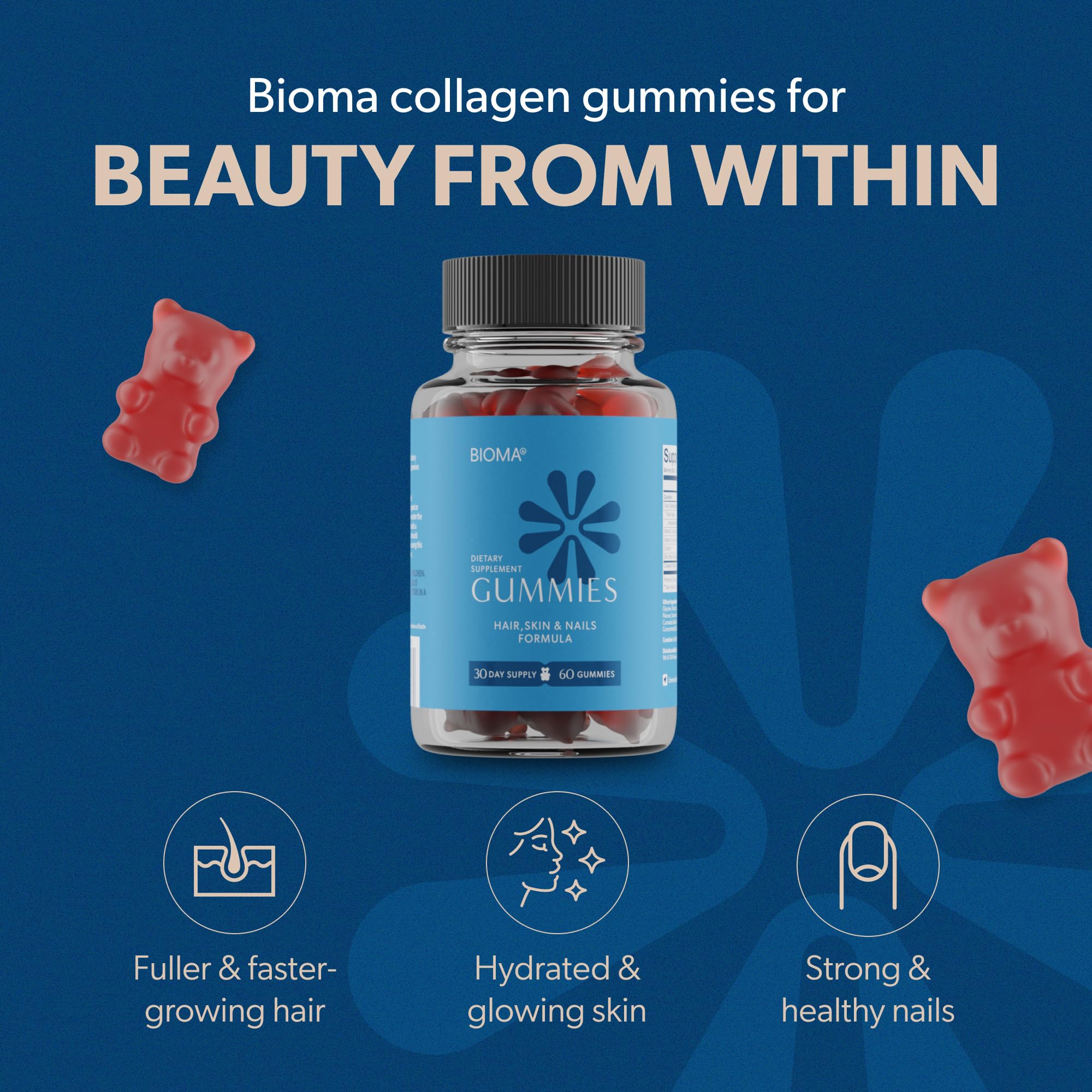 Bioma Hair Skin Nails gummies packaging with bottle