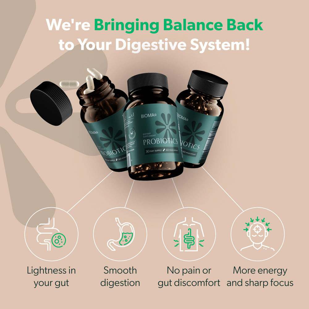 Close-up of Bioma Probiotics packaging and bottle